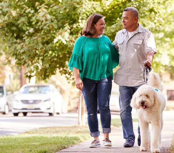 a couple walking their dog