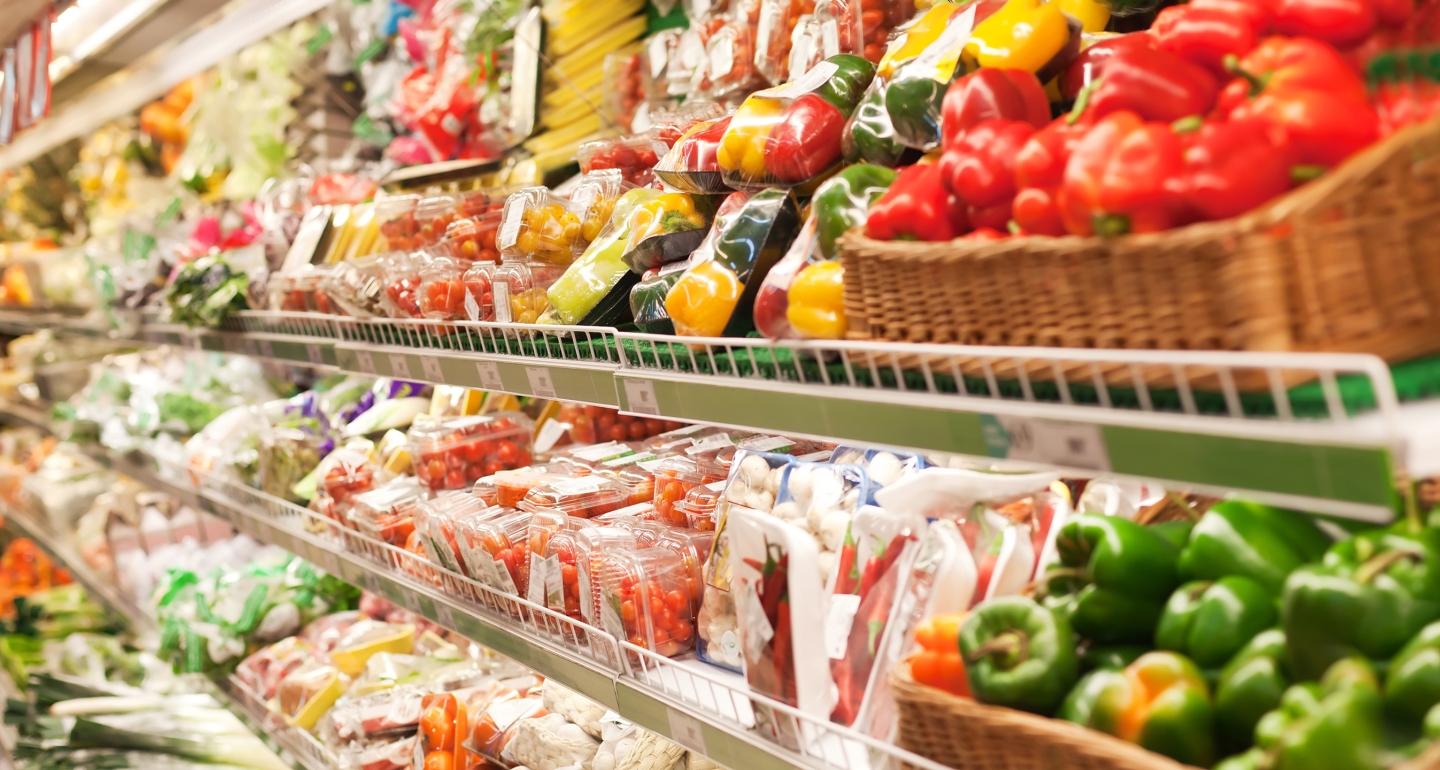 Shelves in the supermarket with produce