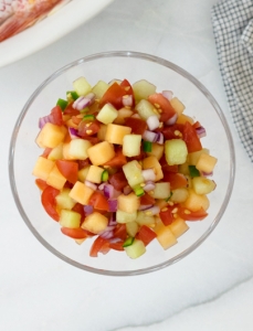 a bowl of melon salsa