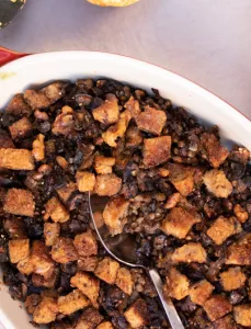 a bowl of mushroom lentil dressing