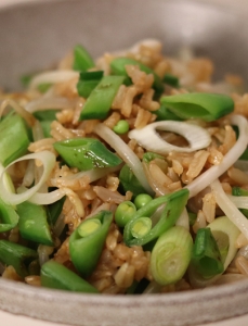 brown rice with sliced green onions