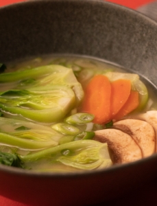 miso soup with bok choy, mushrooms, and carrots