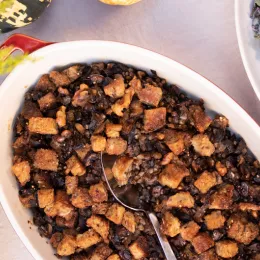 a bowl of mushroom lentil dressing