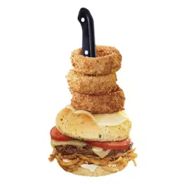 burger with onion rings stacked on top