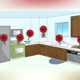 a kitchen with biohazard symbols