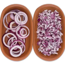 bowl of sliced onions and bowl of minced onions