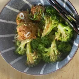 broccoli and chicken meatballs in a bowl