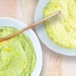 avocado hummus and curry yogurt dips, side by side