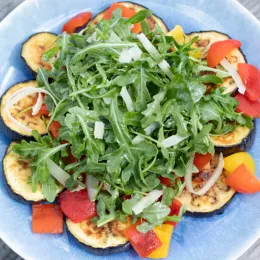 plate with sliced eggplant and arugula