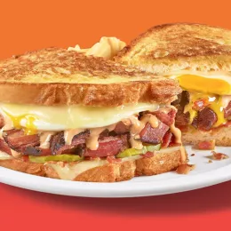 Denny's Brisk-It-All Melt on an orange background