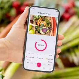 hand holding a phone with food tracker on the screen and vegetables in background