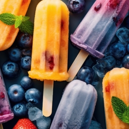 yellow, blue and purple fruit popsicles laying on blueberries