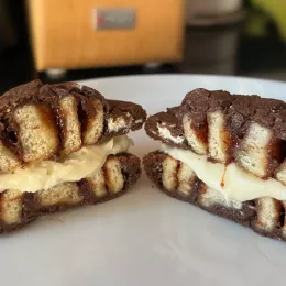 Cinnabon S'mores Cookie BonBite cut in half down the middle