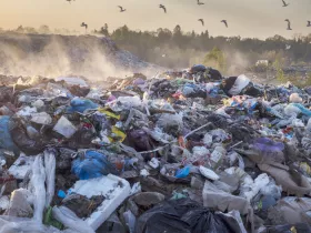 trash in landfill with birds flying overhead