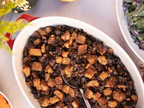 a bowl of mushroom lentil dressing