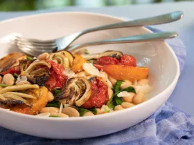 Roasted Tomatoes & Fennel on Beans & Greens 