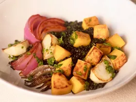 roasted vegetables over black lentils