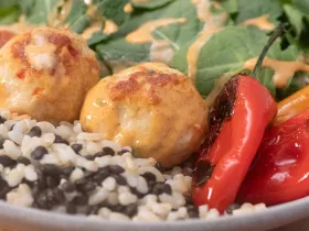 chicken meatballs with an assortment of sides