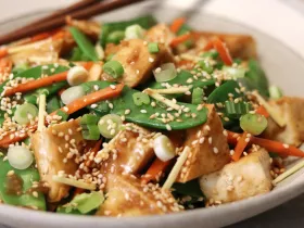 ginger sesame tofu and snap peas