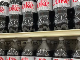 gricery store selves filled with 2 liter bottles of diet coke