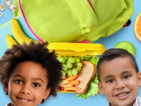 two children with healthy school lunch foods