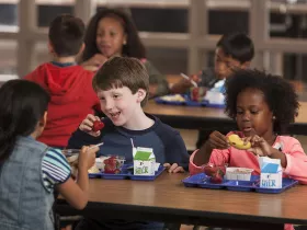 Children eating healthy school meals 