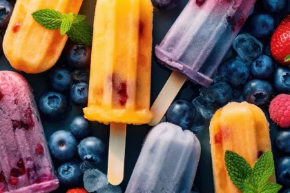 yellow, blue and purple fruit popsicles laying on blueberries