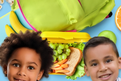 two children with healthy school lunch foods