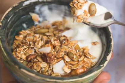 bowl of cereal and milk and yogurt