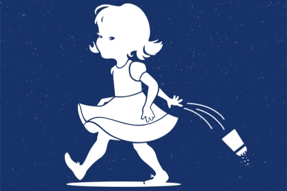 An illustration of a little girl throwing away a salt shaker