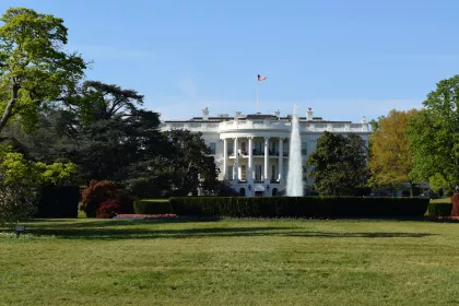 A picture of a large green lawn with the White House in the background