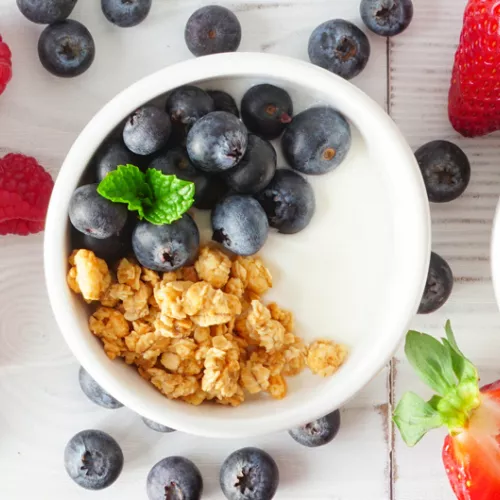 Bowl of yogurt with blueberries and granola