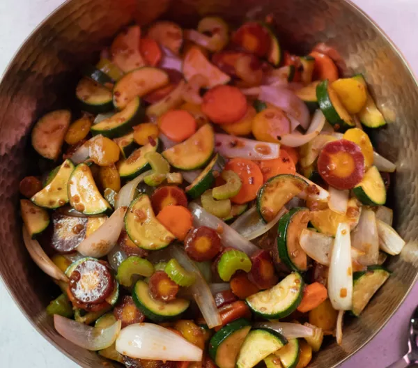 bowl of colorful stir-fried veggies