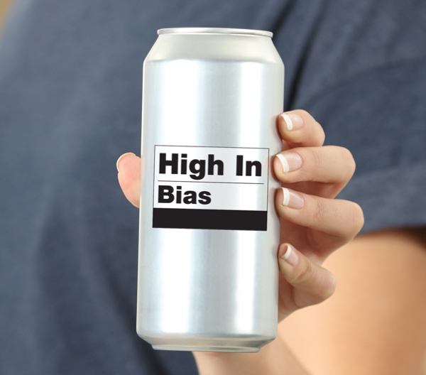 a woman holding a can of soda with a "high in bias" label on it