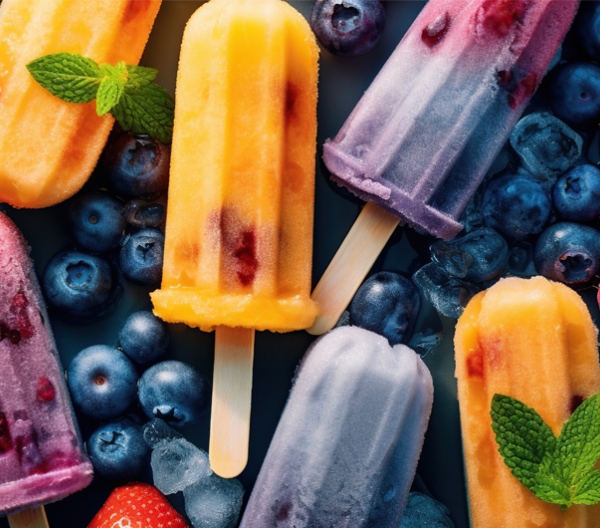 yellow, blue and purple fruit popsicles laying on blueberries