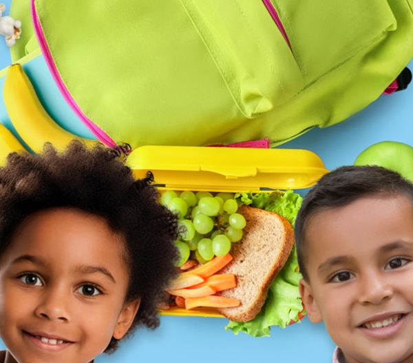 two children with healthy school lunch foods