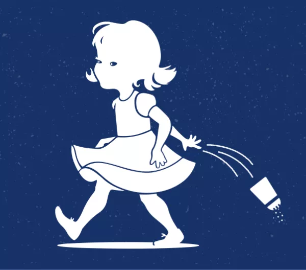 An illustration of a little girl throwing away a salt shaker