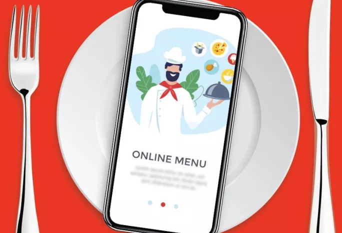 smartphone with a takeout menu on top of a plate