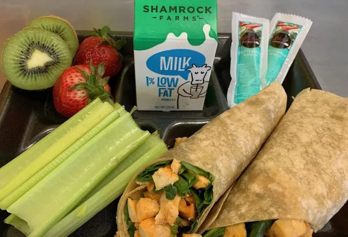 A lunch tray: a whole grain-rich wrap with chicken and vegetables, fresh fruit, celery, and plain 1% milk