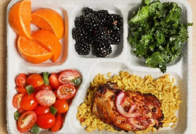 A lunch tray: orange slices, blackberries, kale salad, cherry tomato salad, and jollof rice and chicken.