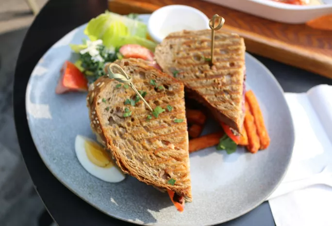 Sandwich with carrot sticks and a side salad