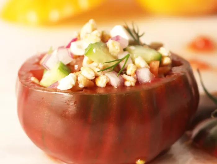 top of tomato sliced off and filled with bulgur and herbs