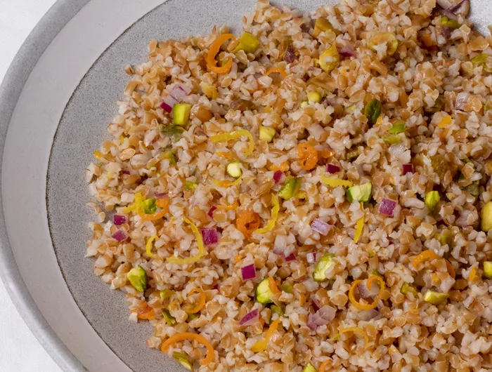 a bowl of pistachio citrus bulgur