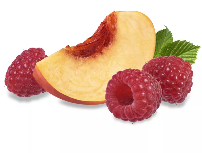 peach slice and raspberries on white background