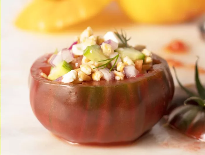 tomato stuffed with farro and cucumber