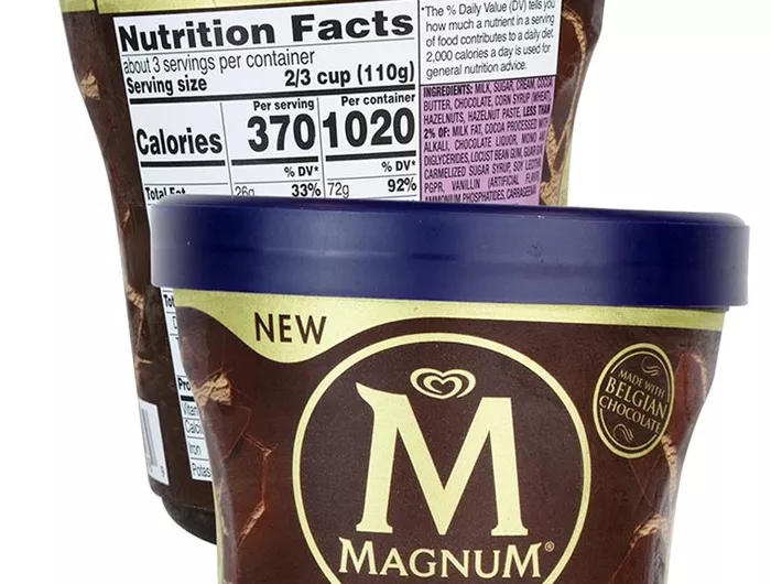 tub of magnum ice cream and nutrition facts label