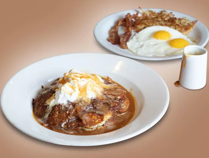 plate with dulce de leche pancakes from Denny's