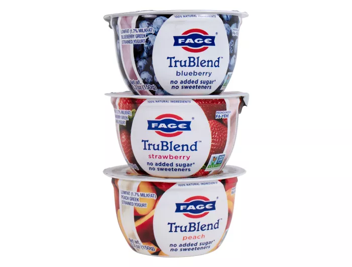 stack of tubs of Fage TruBlend yogurt