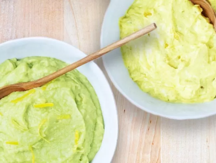 avocado hummus and curry yogurt dips, side by side