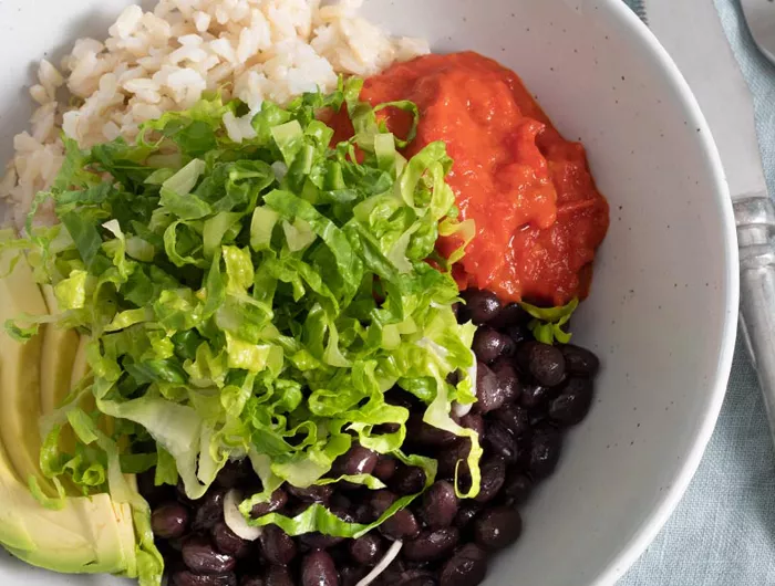 beans and rice with roasted cherry tomato salsa